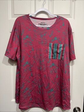 Crazy Train Red-Pink Tee with Teal Paint Splatter and Striped Pocket